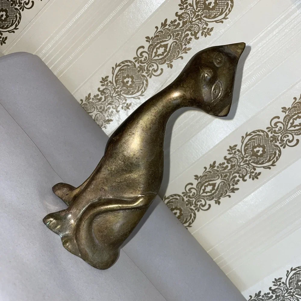 Vintage Solid Brass Siamese Cat Slender Sleek Stylized Head Tilt 7